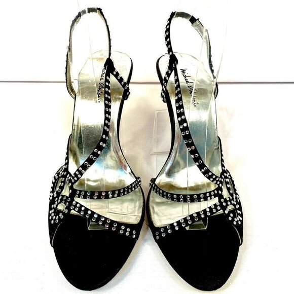 BLACK WITH RHINESTONES & SILVER HEEL 4” SIZE 7 - Picture 1 of 6